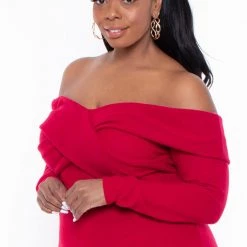 Curvy Sense Plus Size Lydia Off The Shoulder Dress- Red Dresses