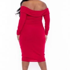 Curvy Sense Plus Size Lydia Off The Shoulder Dress- Red Dresses