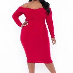 Curvy Sense Plus Size Lydia Off The Shoulder Dress- Red Dresses