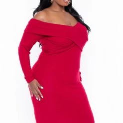 Curvy Sense Plus Size Lydia Off The Shoulder Dress- Red Dresses