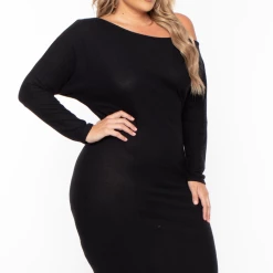 Curvy Sense Plus Size Maggie Asymmetric Sweater Dress - Black Back In Stock