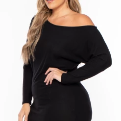 Curvy Sense Plus Size Maggie Asymmetric Sweater Dress - Black Back In Stock
