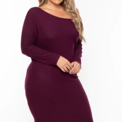 Curvy Sense Dresses Plus Size Maggie Asymmetric Sweater Dress - Burgundy