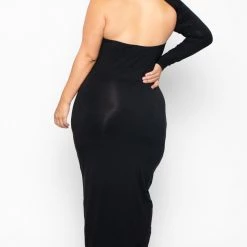 Curvy Sense Little Black Styles Plus Size Maxi One Sleeve Asymmetric Dress- Black