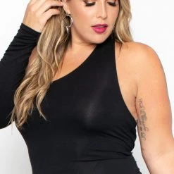 Curvy Sense Little Black Styles Plus Size Maxi One Sleeve Asymmetric Dress- Black