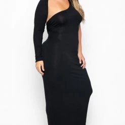 Curvy Sense Little Black Styles Plus Size Maxi One Sleeve Asymmetric Dress- Black