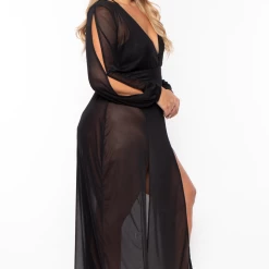 Curvy Sense Plus Size Mesh M-Slit Maxi Dress - Black Back In Stock