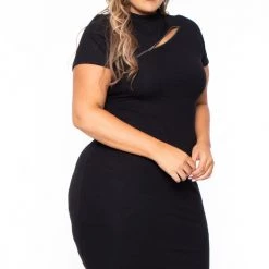 Curvy Sense Little Black Styles Plus Size Mock Neck Zipper Dress - Black