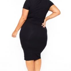 Curvy Sense Little Black Styles Plus Size Mock Neck Zipper Dress - Black