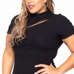 Curvy Sense Little Black Styles Plus Size Mock Neck Zipper Dress - Black