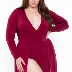 Curvy Sense Plus Size Naomi M-Slit Dress- Burgundy Dresses