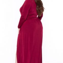 Curvy Sense Plus Size Naomi M-Slit Dress- Burgundy Dresses