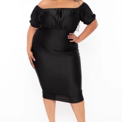 Curvy Sense Plus Size Natasha Satin Bodycon Dress - Black