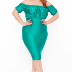 Curvy Sense Dresses Plus Size Natasha Satin Bodycon Dress - Emerald Green