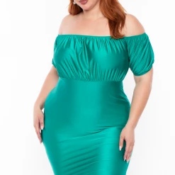 Curvy Sense Dresses Plus Size Natasha Satin Bodycon Dress - Emerald Green