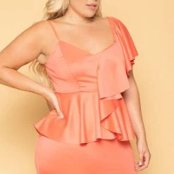 Curvy Sense Plus Size Norah Peplum Dress - Coral New Arrivals