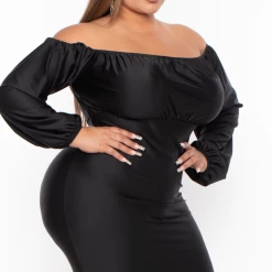 Curvy Sense Plus Size Off The Shoulder Midi Dress - Black Party Shop