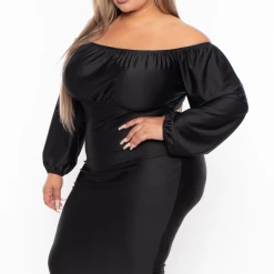 Curvy Sense Plus Size Off The Shoulder Midi Dress - Black Party Shop
