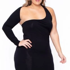 Curvy Sense Party Shop Plus Size One Sleeve Asymmetric Dress- Black