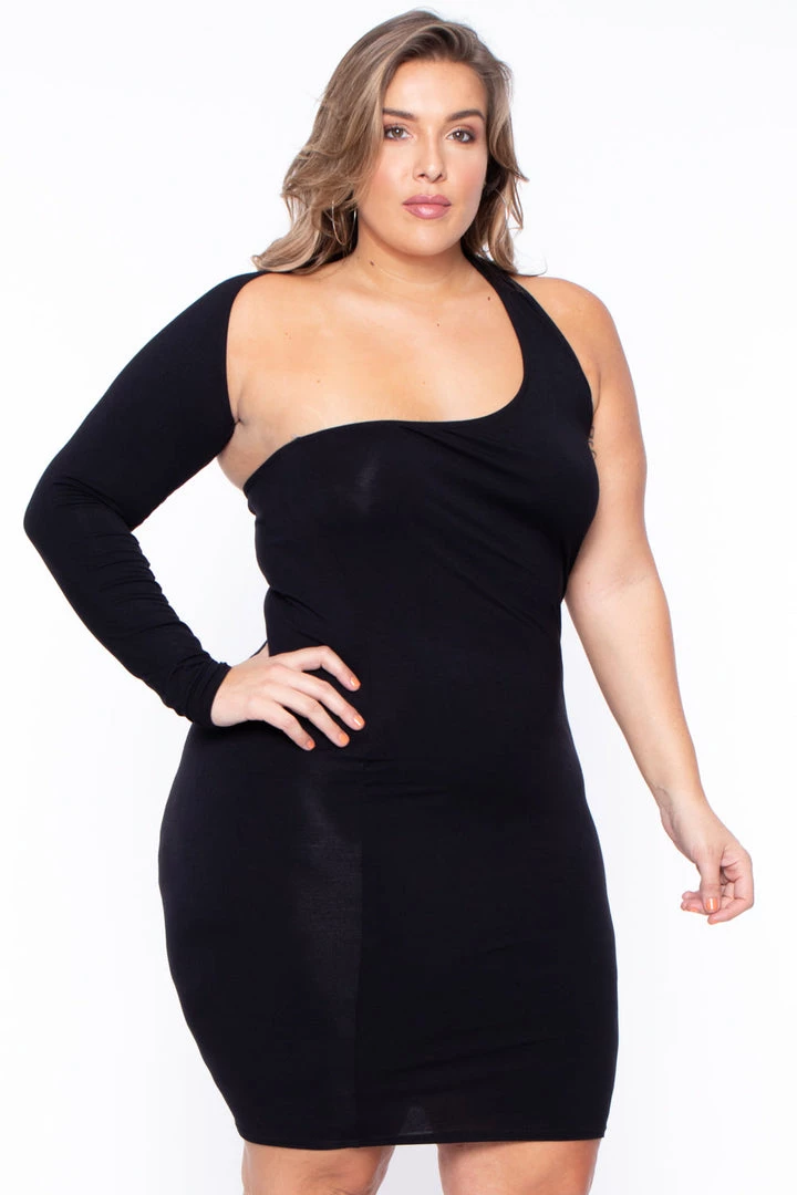 Curvy Sense Party Shop Plus Size One Sleeve Asymmetric Dress- Black 4 Curvy Sense Party Shop Plus Size One Sleeve Asymmetric Dress- Black