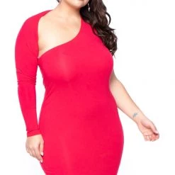 Curvy Sense Dresses Plus Size One Sleeve Asymmetric Dress - Red