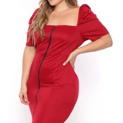 Curvy Sense Plus Size Paulina Exposed Zipper Dress - Red
