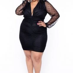 Curvy Sense Little Black Styles Plus Size Polka-Dot Mesh Overlay Dress - Black