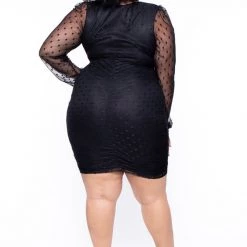 Curvy Sense Little Black Styles Plus Size Polka-Dot Mesh Overlay Dress - Black