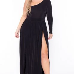 Curvy Sense Dresses Plus Size Ravenna M-Slit Maxi Dress- Black