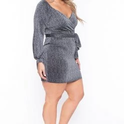 Curvy Sense Plus Size Rhianna Metallic Surplice Dress- Silver Party Shop