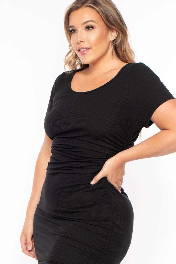 Curvy Sense Dresses Plus Size Ribbed Side Ruched Bodycon Dress - Black 4 Curvy Sense Dresses Plus Size Ribbed Side Ruched Bodycon Dress - Black