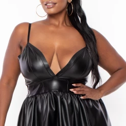 Curvy Sense Back In Stock Plus Size Roma Faux Leather Flare Dress - Black