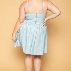 Curvy Sense Plus Size Roma Faux Leather Flare Dress - Blue