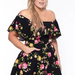 Curvy Sense Plus Size Rosabel Floral Dress- Black