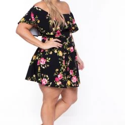 Curvy Sense Plus Size Rosabel Floral Dress- Black