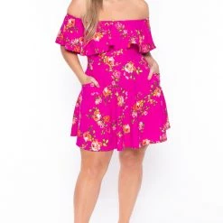 Curvy Sense Back In Stock Plus Size Rosabel Floral Dress- Fuchsia