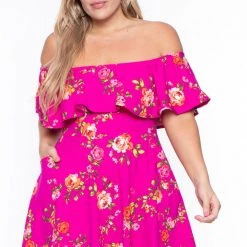 Curvy Sense Back In Stock Plus Size Rosabel Floral Dress- Fuchsia