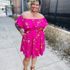 Curvy Sense Back In Stock Plus Size Rosabel Floral Dress- Fuchsia