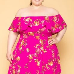 Curvy Sense Back In Stock Plus Size Rosabel Floral Dress- Fuchsia