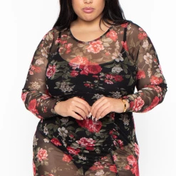 Curvy Sense Dresses Plus Size Rose Garden Mesh Dress - Black