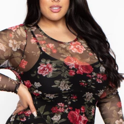 Curvy Sense Dresses Plus Size Rose Garden Mesh Dress - Black