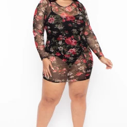 Curvy Sense Dresses Plus Size Rose Garden Mesh Dress - Black