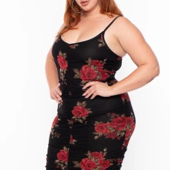 Curvy Sense Party Shop Plus Size Rose Garden Mesh Ruched Dress - Black