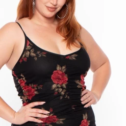 Curvy Sense Party Shop Plus Size Rose Garden Mesh Ruched Dress - Black