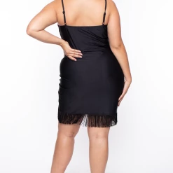 Curvy Sense Plus Size Ruched Fringe Bodycon Dress - Black 10 Curvy Sense Plus Size Ruched Fringe Bodycon Dress - Black