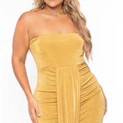 Curvy Sense Back In Stock Plus Size Rylee Front Drape Dress - Mustard