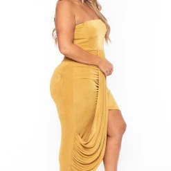 Curvy Sense Back In Stock Plus Size Rylee Front Drape Dress - Mustard