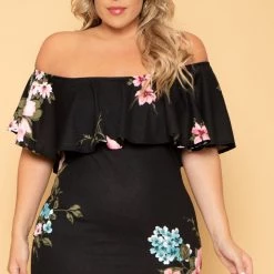 Curvy Sense Plus Size Saia Floral Bodycon Dress - Black New Arrivals