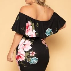 Curvy Sense Plus Size Saia Floral Bodycon Dress - Black New Arrivals