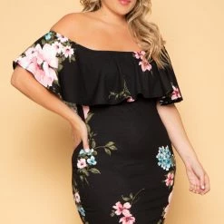 Curvy Sense Plus Size Saia Floral Bodycon Dress - Black New Arrivals